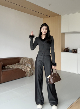 张阿星【云海雾松】毛毛拼接深灰色收腰修身款上衣+修容百搭皮裤