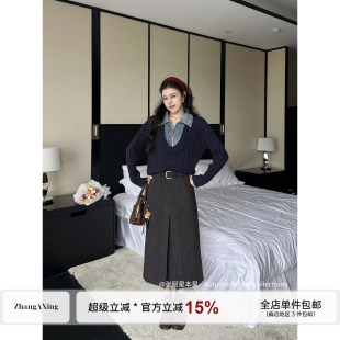 张阿星【浅叙日常】牛仔拼接假两件麻花毛衣+灰色毛呢半裙秋休闲