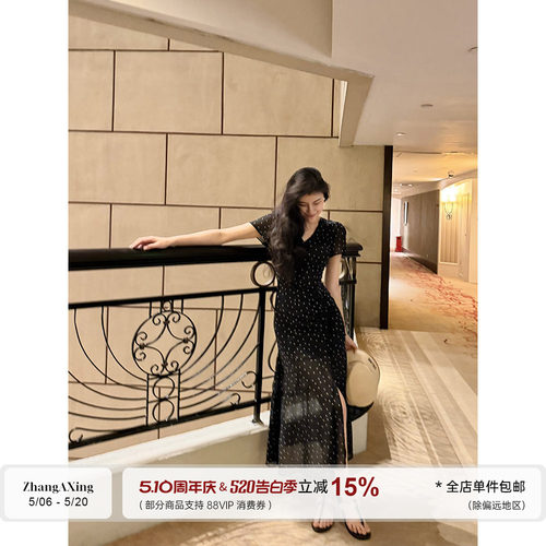 张阿星【波点欧尼】赫本气质v领抽绳调节收腰修身短袖波点连衣裙