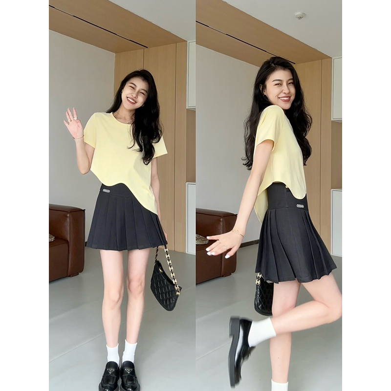 张阿星【柠檬盛夏】新款多巴胺正肩波浪边上衣+高腰百褶裙裤