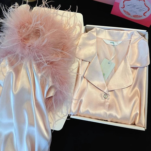 真丝睡衣女款春秋羽毛袖睡袍家居服套装高级感轻奢生日礼物送闺蜜