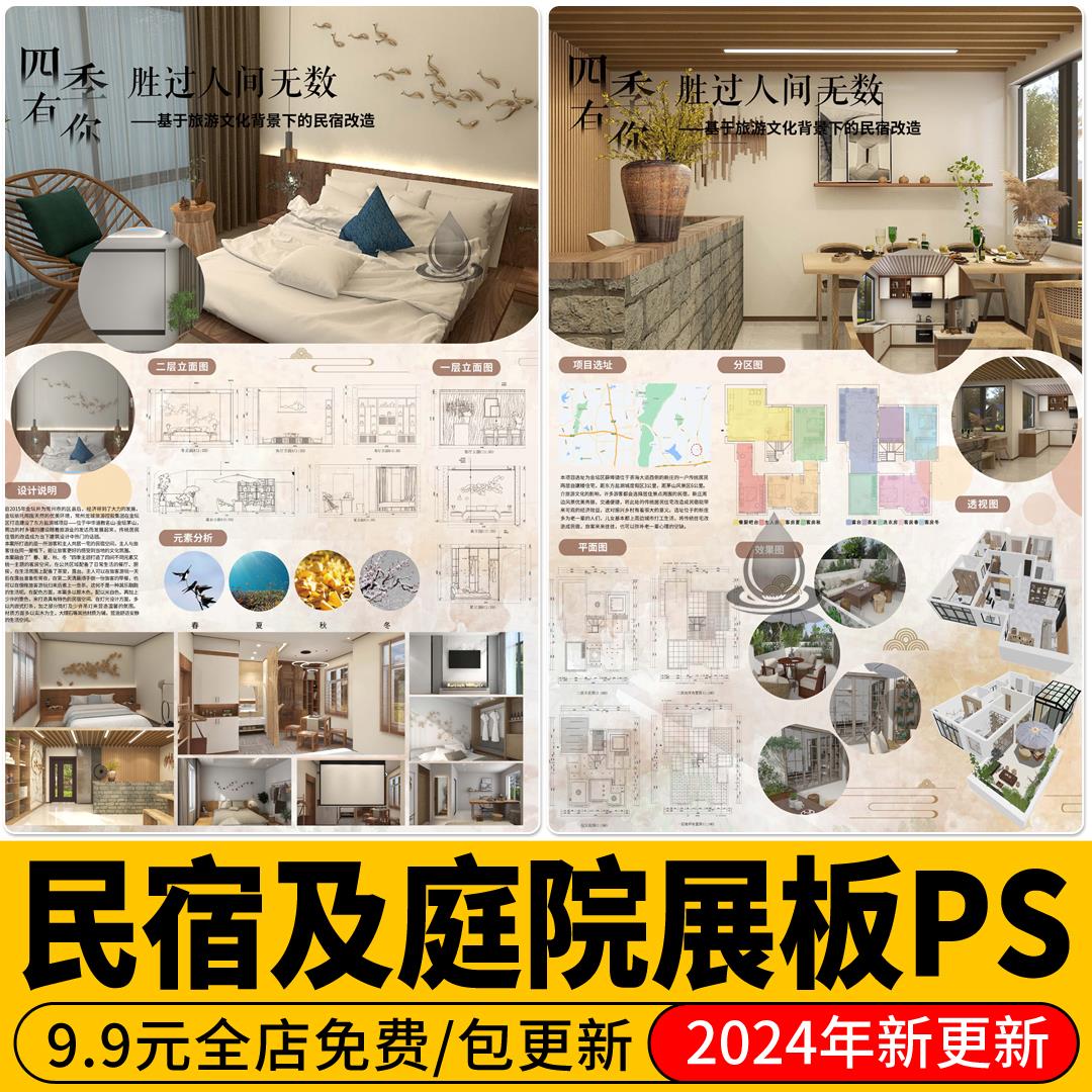 乡村民宿设计建筑室内别墅庭院改造分析图素材PSD排版模板PS展板a