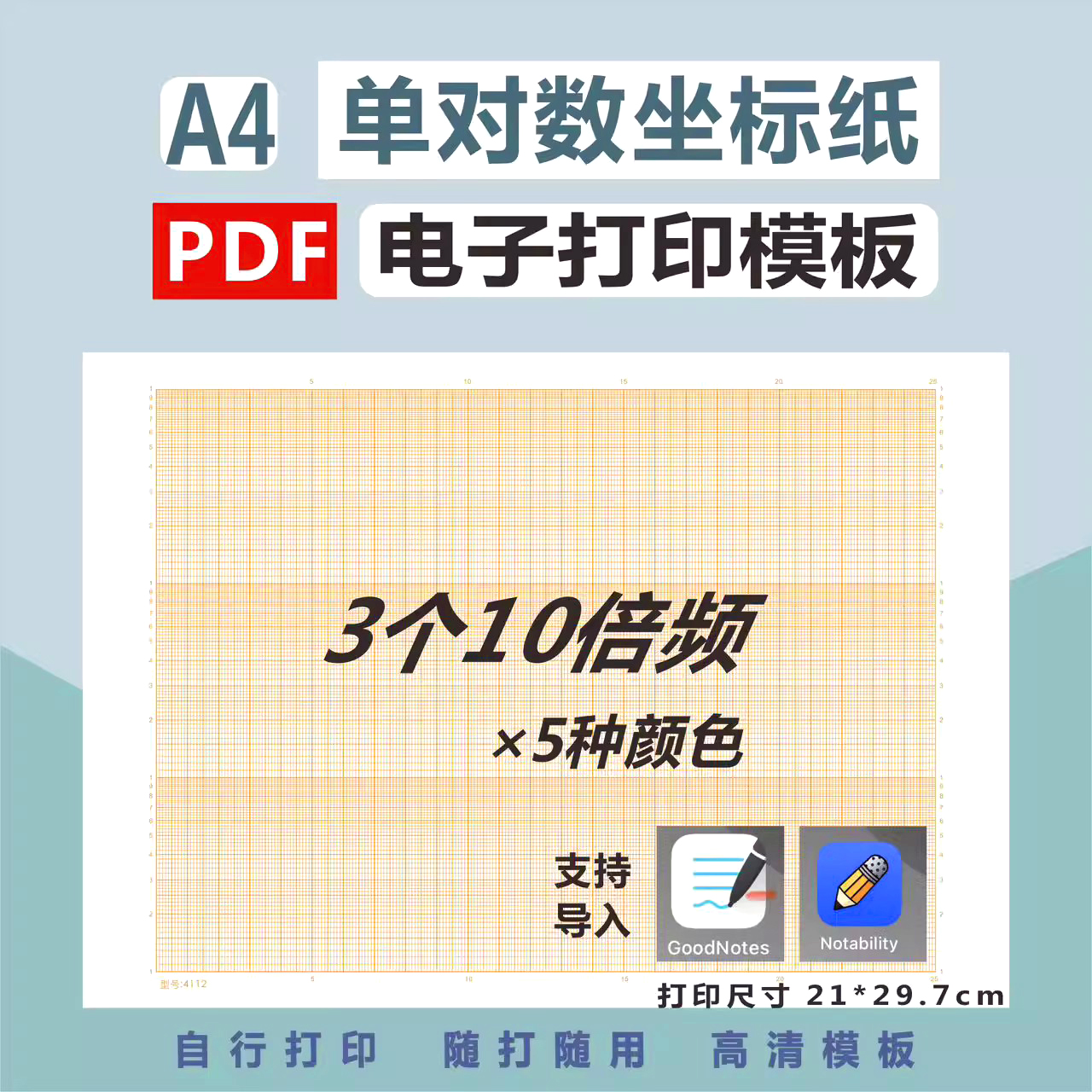 A4单对数坐标纸电子PDF打印版3个10倍频3级标准计算纸3节型号411a