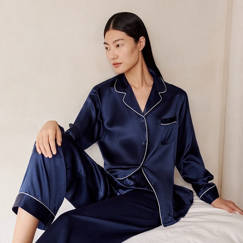 Wensli/万事利真丝睡衣女款长袖套装100%桑蚕丝可外穿家居服 淳静