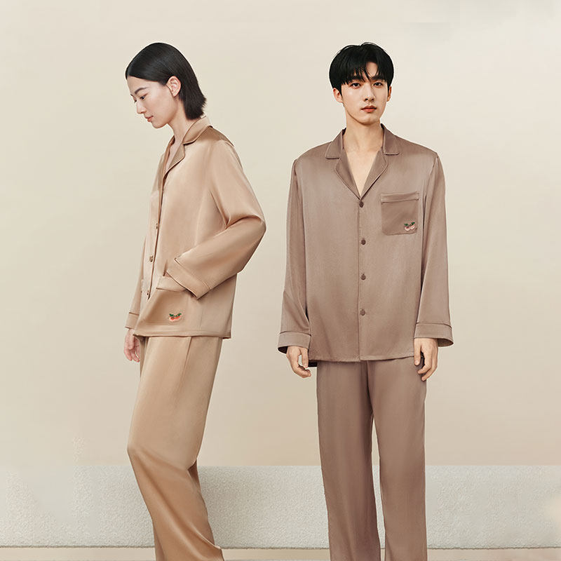 Wensli/万事利100%桑蚕丝真丝睡衣女款情侣可外穿家居服套装好柿