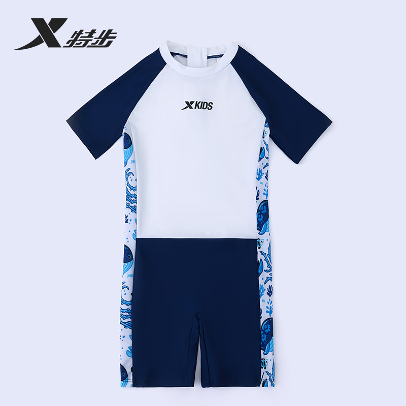 特步儿童泳衣2024新款男孩小童中大童连体平角游泳衣专业训练套装