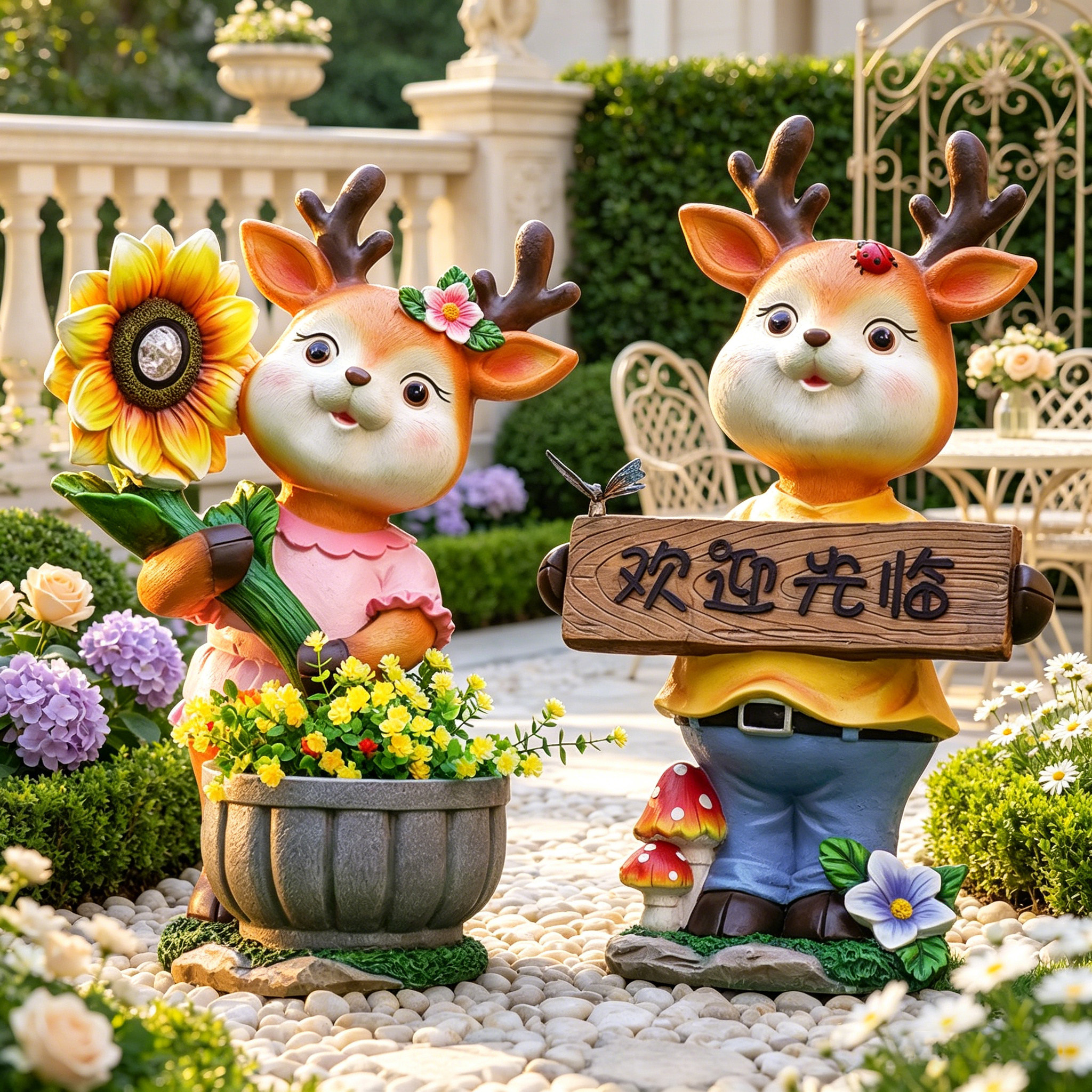 网红卡通梅花鹿花盆太阳能灯阳台幼儿园庭院装饰摆件花园造景布置