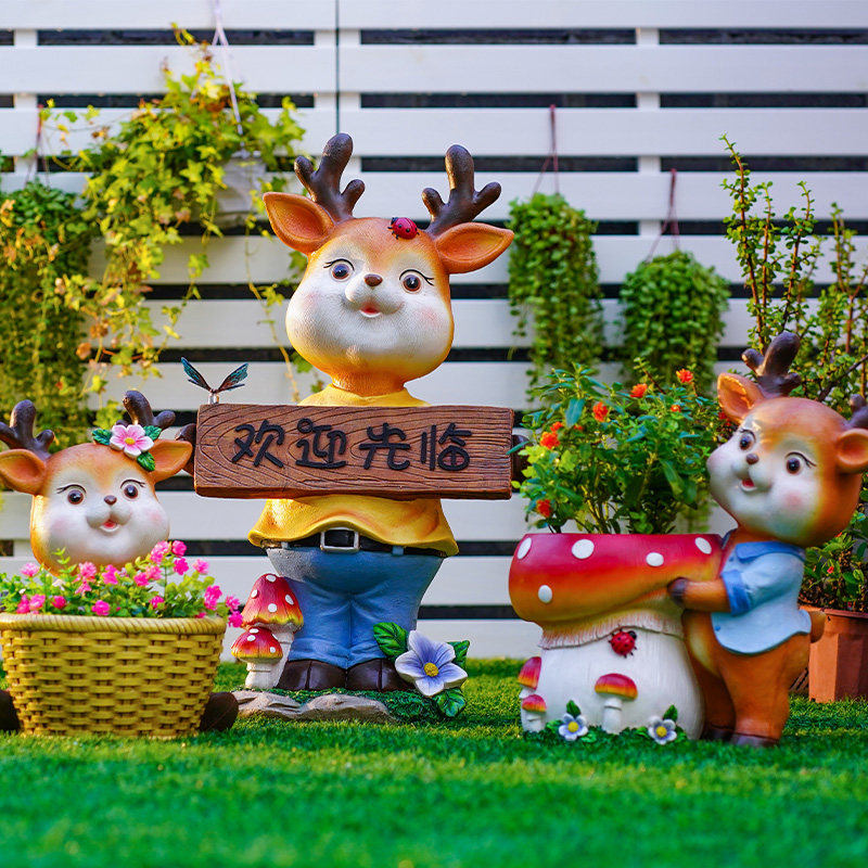户外小庭院卡通可爱梅花鹿花盆幼儿园草坪布置装饰工艺品精致摆件
