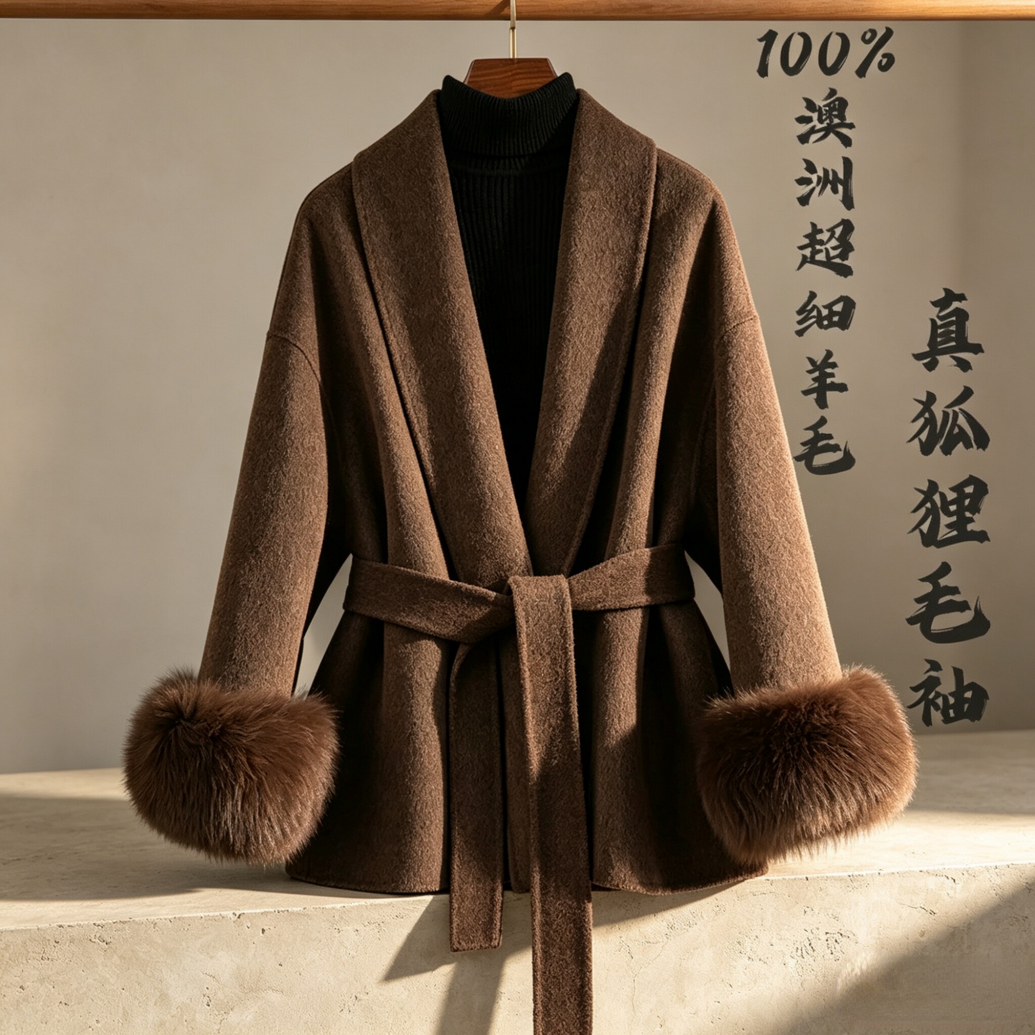 双面毛呢外套女士狐狸毛袖子收腰中长款高级感羊毛大衣毛毛袖大衣