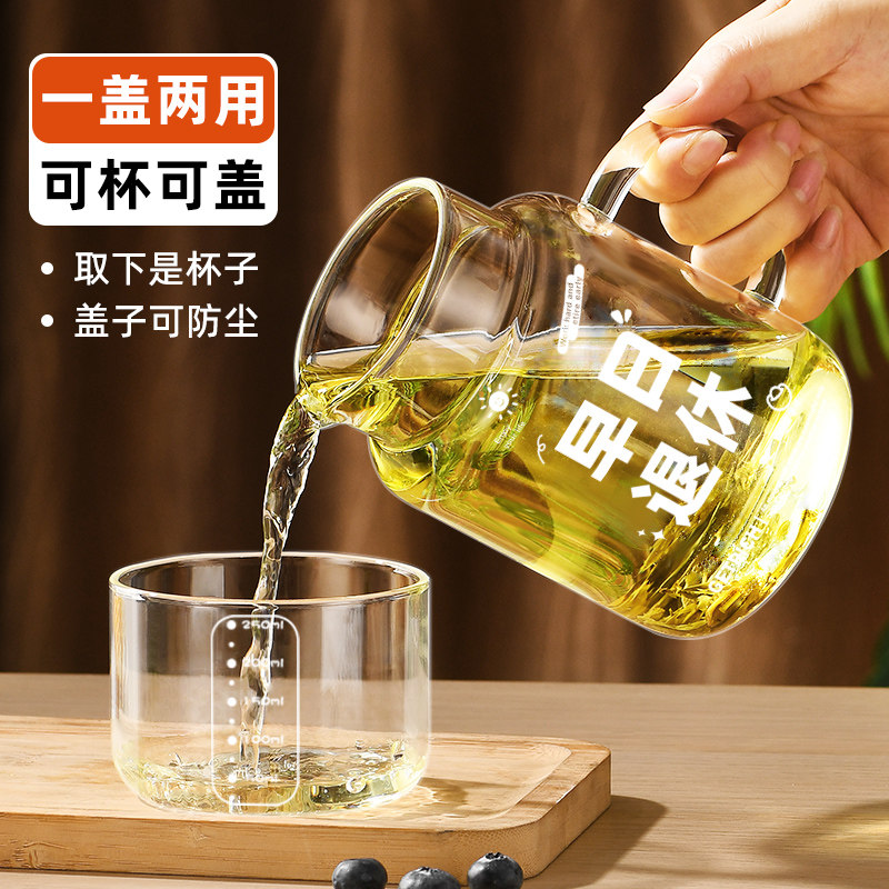 大容量玻璃杯带盖家用喝水杯女高颜值耐高温带把刻度杯男泡茶杯子,餐饮具,玻璃杯,淘宝优惠券,粉丝福利购,淘宝优惠卷