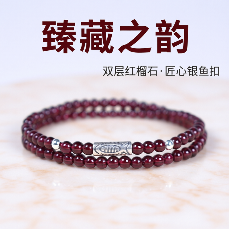 天然酒红石榴石S925银锦鲤手链
