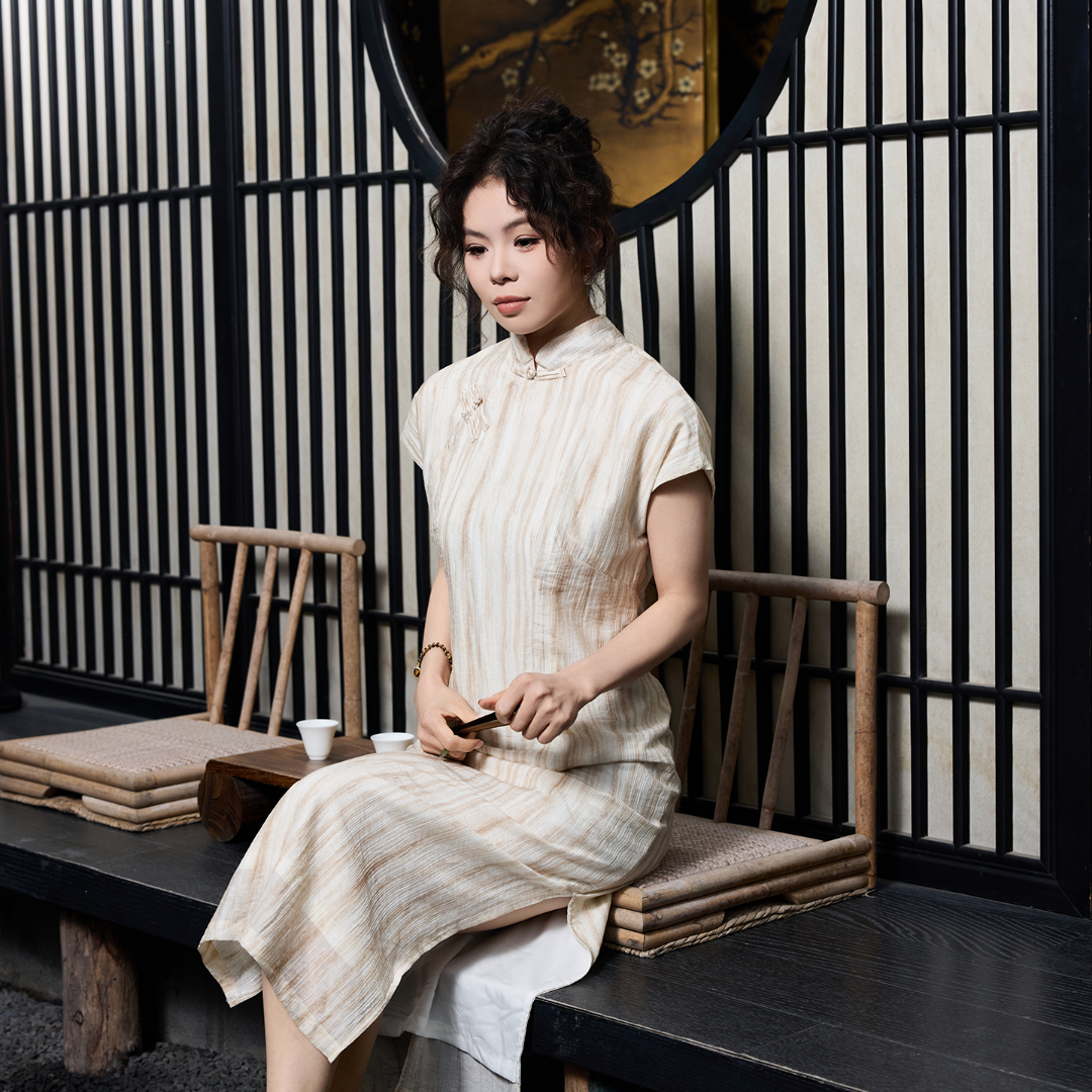 几里与麻【琼岚】新中式旗袍连衣裙 水墨条纹气质国风长裙3012542