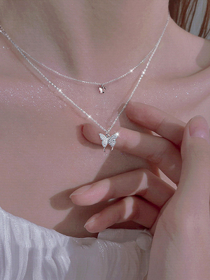 S999纯银双层蝴蝶项链女款夏锁骨链轻奢小众生日礼物送女友闺蜜