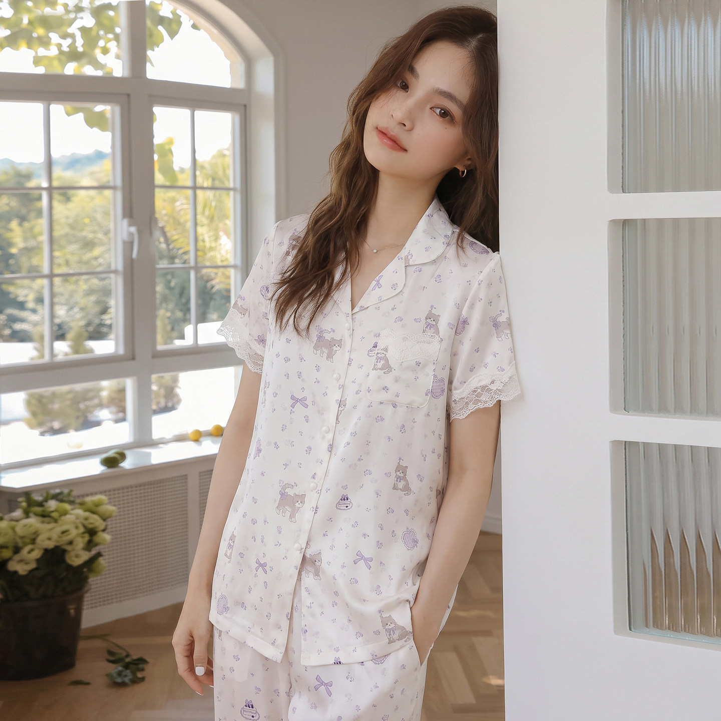春夏冰丝凉感开衫女士睡衣套装