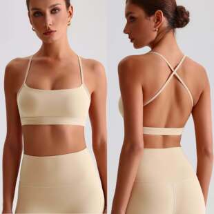 欧美裸感细肩带交叉美背运动文胸女性感瑜伽背心普拉提健身内衣