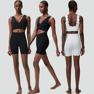 花边瑜伽套装女性感防震运动文胸提臀三分短裤波浪边跑步健身套装