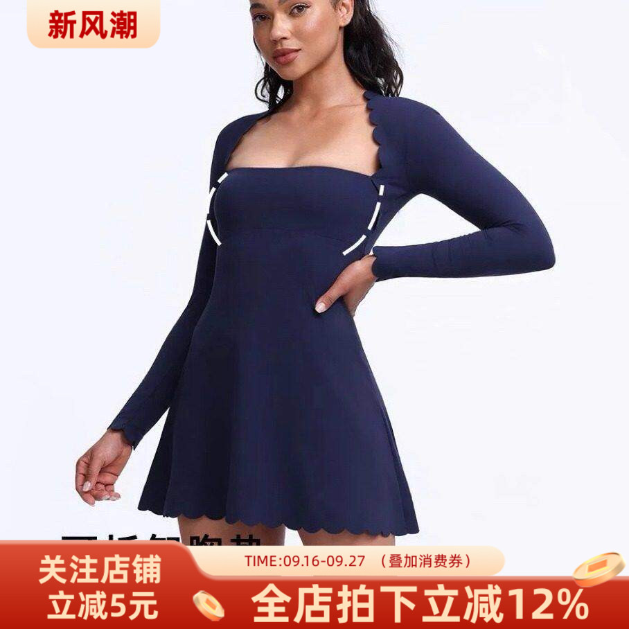 花边高尔夫网球连衣裙女波浪边运动长袖连衣裙羽毛球连体裙健身服图片