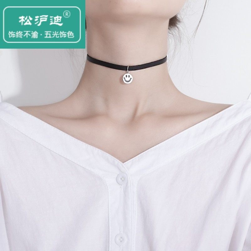 纯银大笑脸项链女微笑表情银吊坠项圈学生日韩简约锁骨链颈带颈链