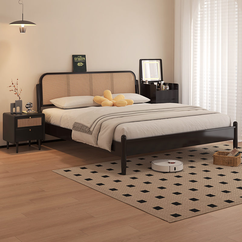 黑色森林藤编床头实木床1米8床架佛山家具家用原木双人主卧橡木床