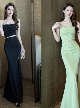 2025新款轻奢小众露腰性感夜总会吊带裙夜场技师工作服足疗晚礼服