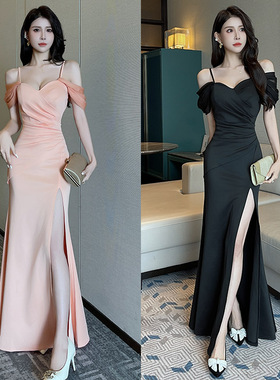 2025新款性感低胸收腰吊带连衣裙KTV夜店SRA技师工作服足疗晚礼服