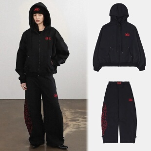 韩国小众badblood美式复古辣妹连帽卫衣弯刀裤拖地裤情侣拉链开衫