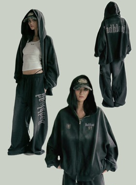 韩国小众badblood美式复古做旧印花阔腿裤宽松连帽拉链卫衣外套