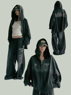 韩国小众badblood美式复古做旧印花阔腿裤宽松连帽拉链卫衣外套