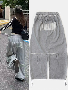 韩国小众badblood美式复古辣妹低腰卫裤男女百搭运动休闲阔腿裤潮