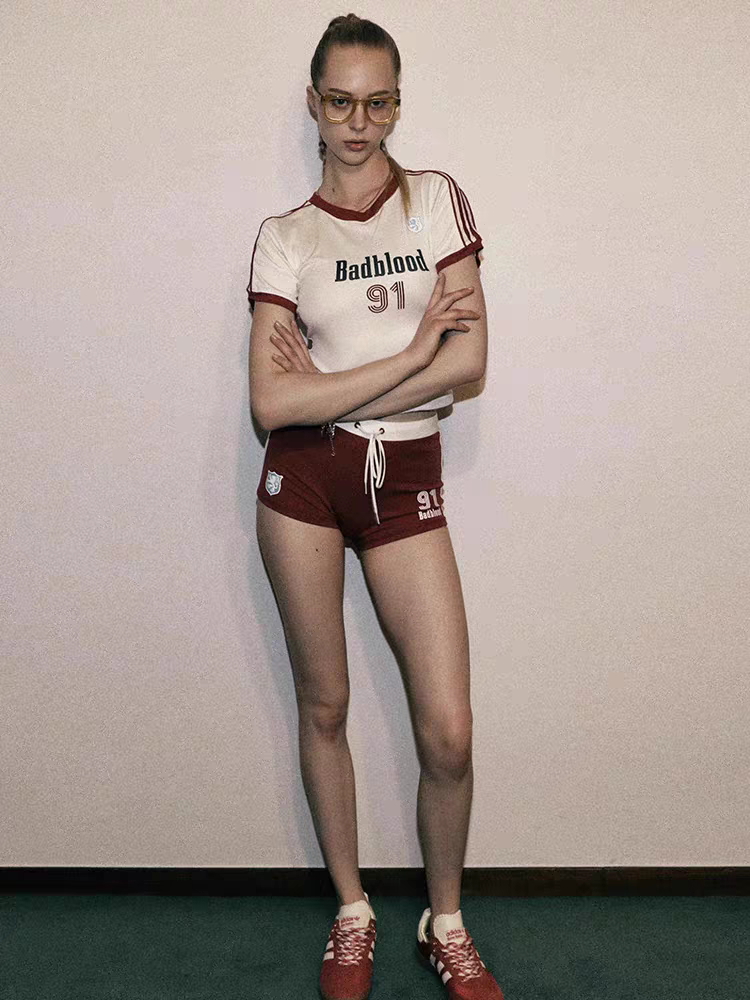 韩国badblood美式辣妹运动短袖T恤女91号弹力修身V领短款潮球衣