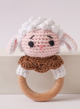 跨境 钩针白色大花摇铃动物宝宝玩偶 婴儿安抚玩具可啃咬钩针玩具