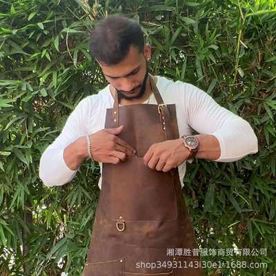 疯马皮头层深棕色围裙外贸屠夫厨师烧烤烹饪杀猪围兜围腰
