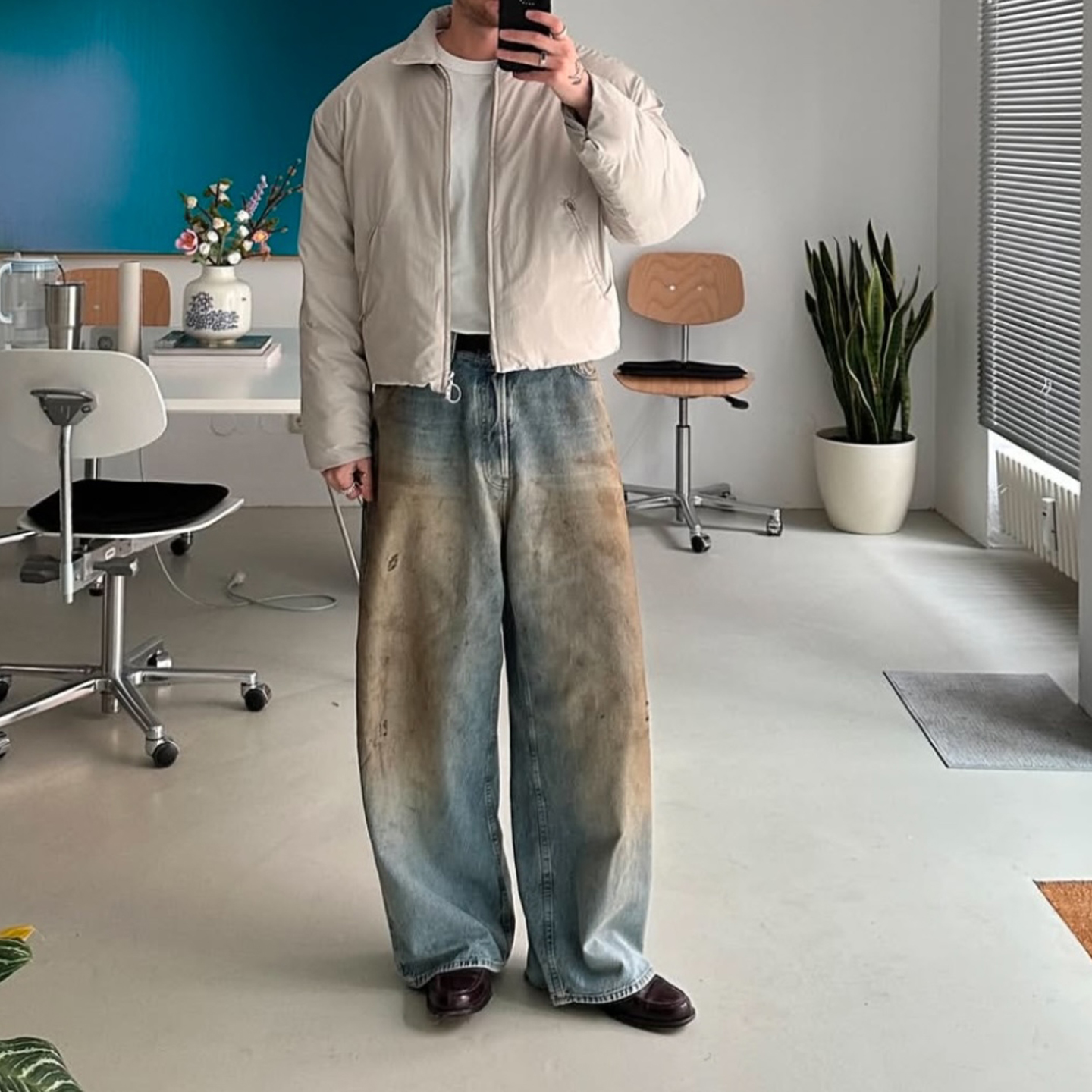 高端 ac重工做旧泥染宽松牛仔裤男女同款2023M休闲百搭阔腿裤