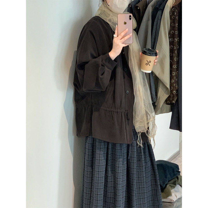 姜迟 草木系女孩 复古文艺咖色立领风衣早秋抽绳收腰宽松外套665