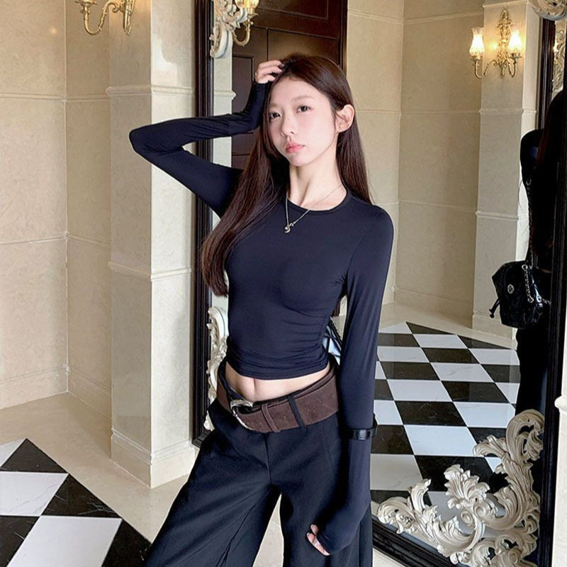 秋季简约白色长袖t恤女正肩修身显瘦辣妹掐腰短款上衣纯色打底衫