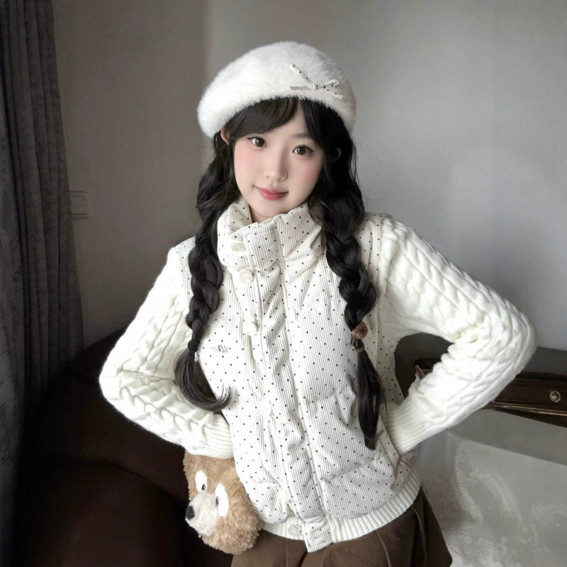 韩系白色波点针织拼接立领棉服女秋冬学院风加厚小个子面包服外套