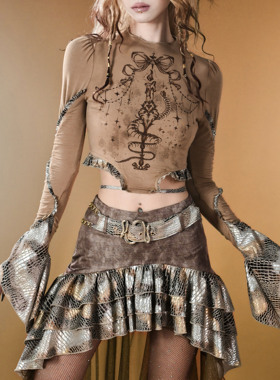 虚轨原创 鎏金蛇谕复古辣妹印花蛇纹拼接修身弹力长袖打底衫上衣