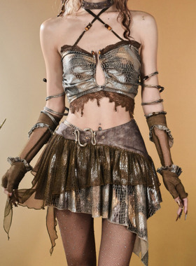 虚轨原创 鎏金蛇谕复古流浪风y2k辣妹不对称蛇纹低腰半裙半身裙女