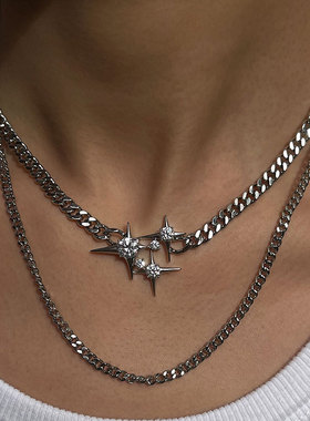 项链女轻奢小众设计感高级锁骨链嘻哈中性风古巴芒星双层颈链男潮