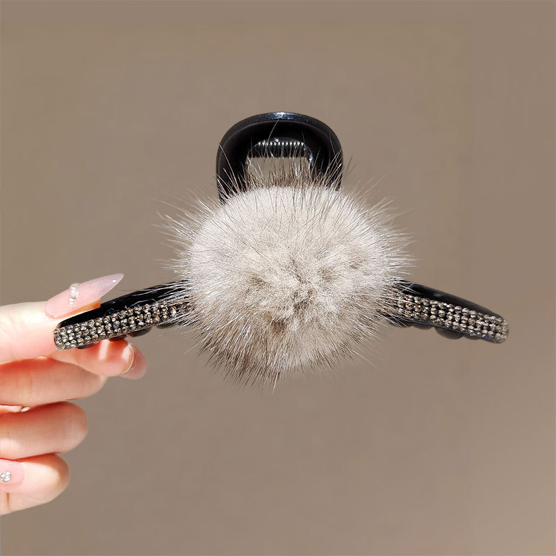 水貂毛球鲨鱼夹水钻大号抓夹发夹