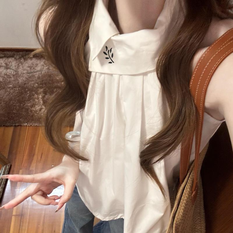 法式高级感白色无袖挂脖衬衫女装夏季韩系设计感小众宽松无袖上衣