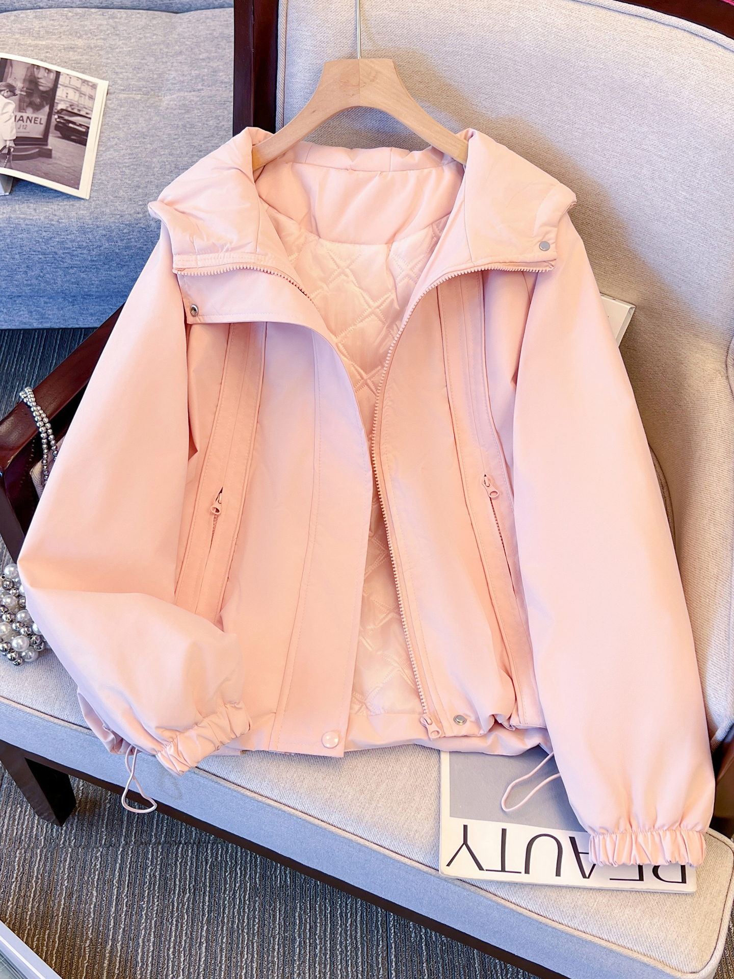 粉色工装冲锋衣女秋冬季小个子夹棉外套2025新款宽松加厚保暖棉服