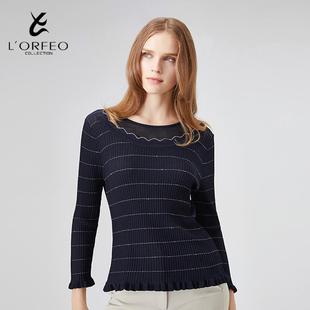 ORFEO 木耳边春秋款 奥菲欧特价 条纹针织衫 短上衣 双层花边领修身