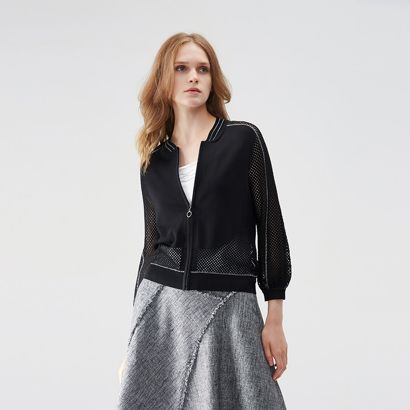 lorfeo/奥菲欧2020春秋新款运动上衣棒球领开襟挑孔休闲款针织衫