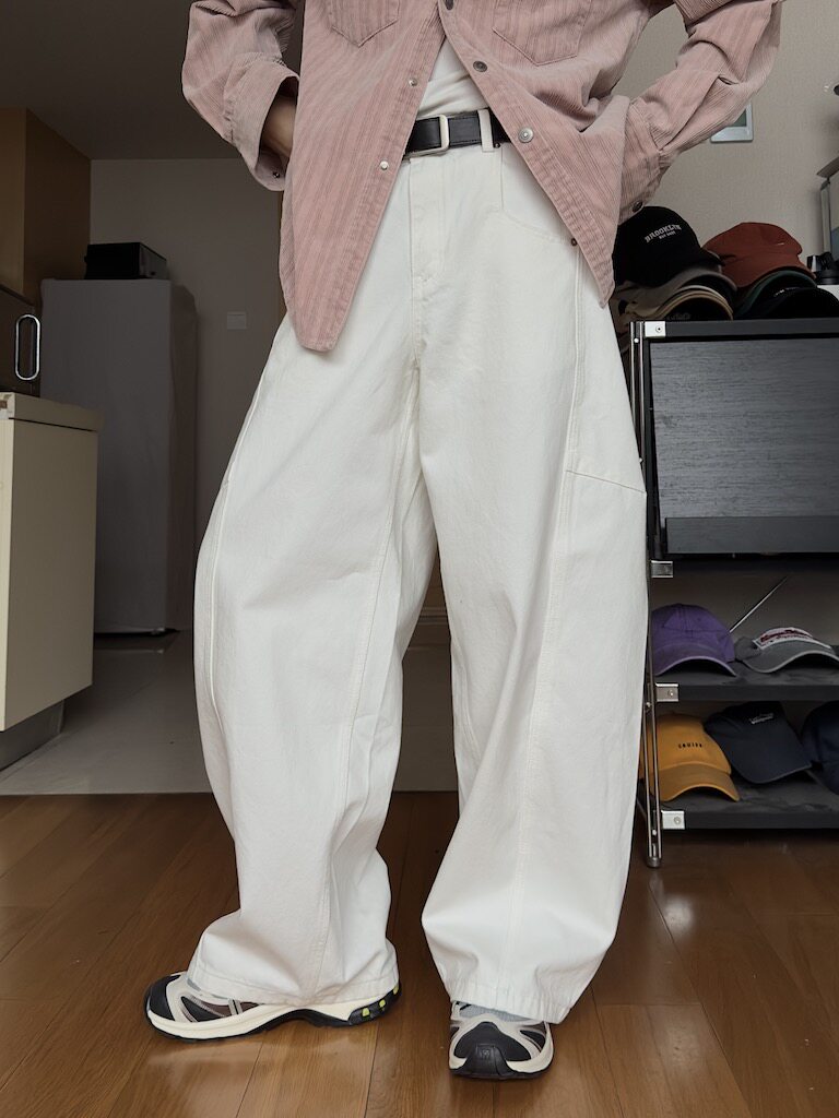 方人也屹春夏韩版白色牛仔裤男宽松高腰百搭设计感休闲香蕉裤