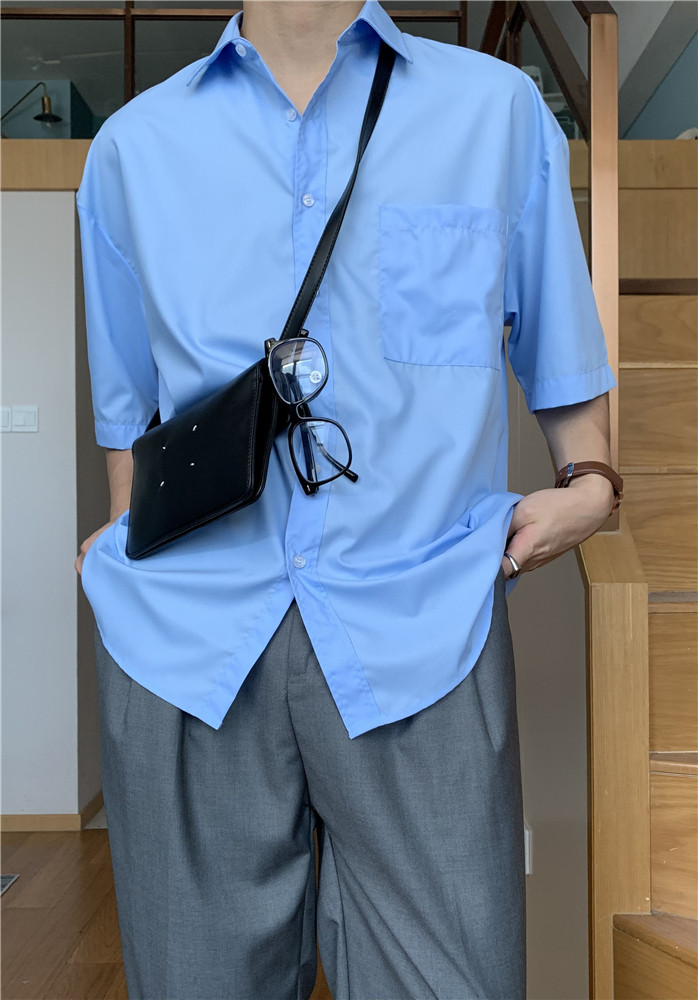方人也屹韩版短袖衬衫男夏季韩版休闲衬衣简约宽松高级感五分袖