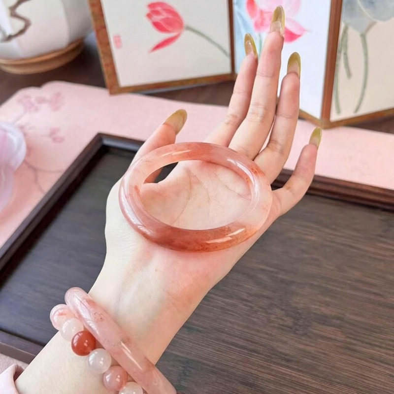 天然桃花酿粉色手镯女款圆条