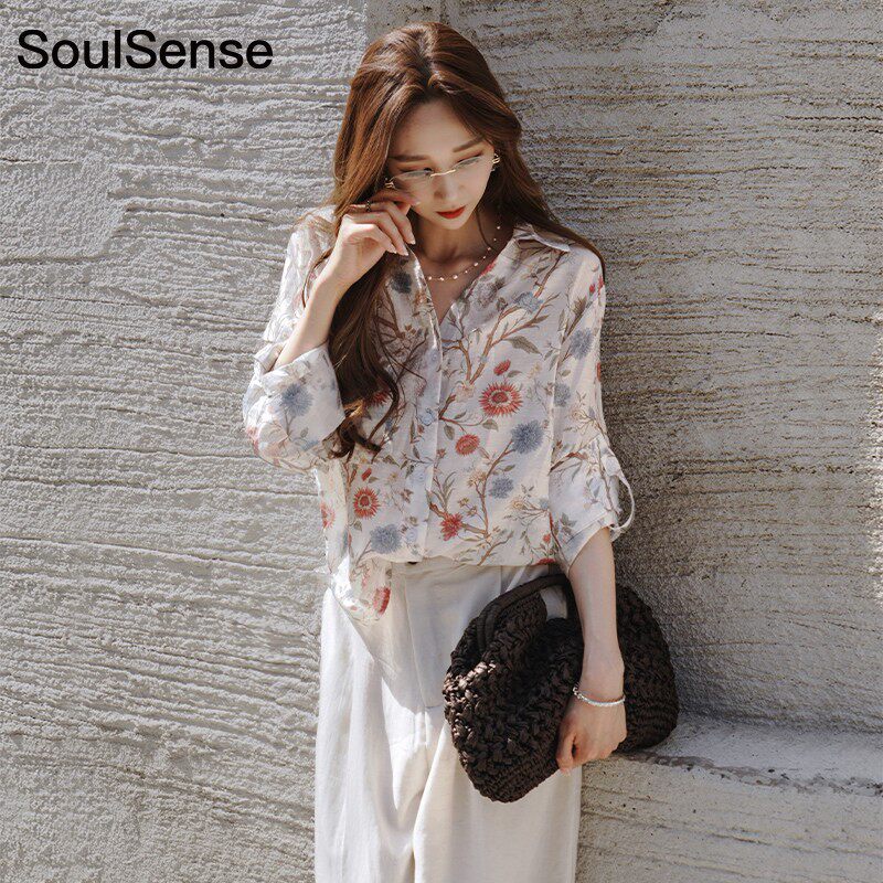 SoulSense复古花朵印花女夏季气质薄款设计感宽松显瘦百搭衬衫