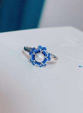 足银珐琅戒指女五瓣花复