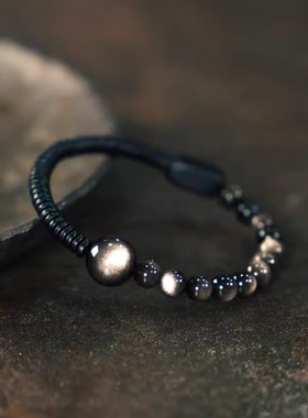 黑檀木银耀石手链原创个性复古百搭单圈手串男女情侣小众设计高级
